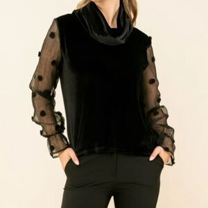 THML Velvet Cowl Neck Genevieve Top w/Sheer Dotted Long Sleeves LARGE Whimsygoth